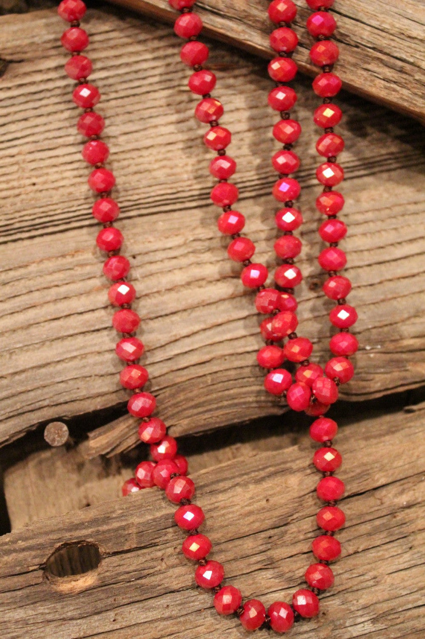 Cherry Red Crystal Beaded Long Necklace