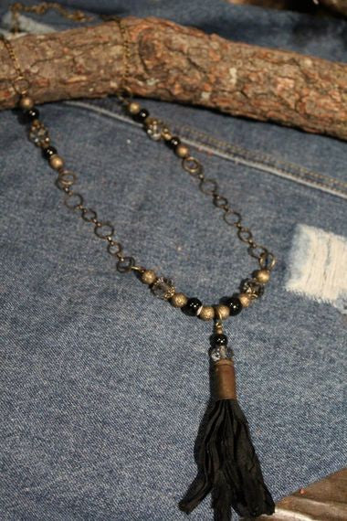 Black Fabric Tassel, Shell, Crystal, Black Bead Dangle On A Black Bead, Antique Gold Bead, Crystal Bead, Antique Gold Chain Necklace