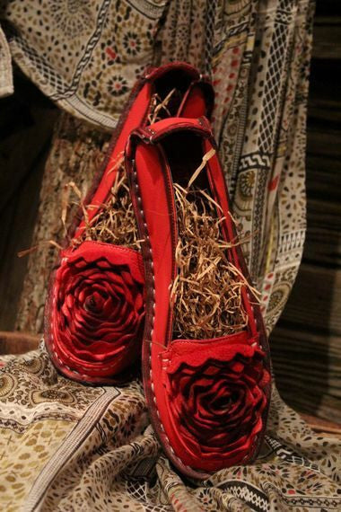 crimson red leather loafer with flower rosette on toe