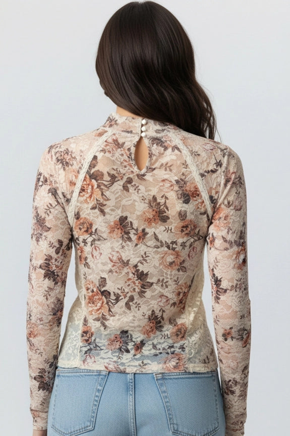 Rustic Oatmeal Blossom Mesh Blouse