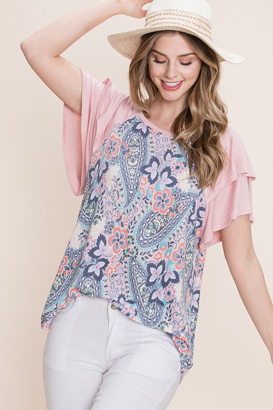 Blush Paisley Flutter Sleeve Top