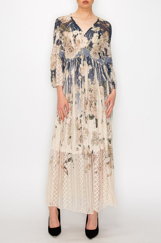 Lead Singer Beige Dark Navy Floral Maxi Dress
