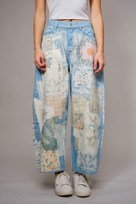 Patch Print Light Denim Barrel Jeans
