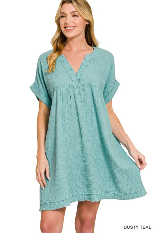 Simple And Sweet Dusty Teal Gauze Dress
