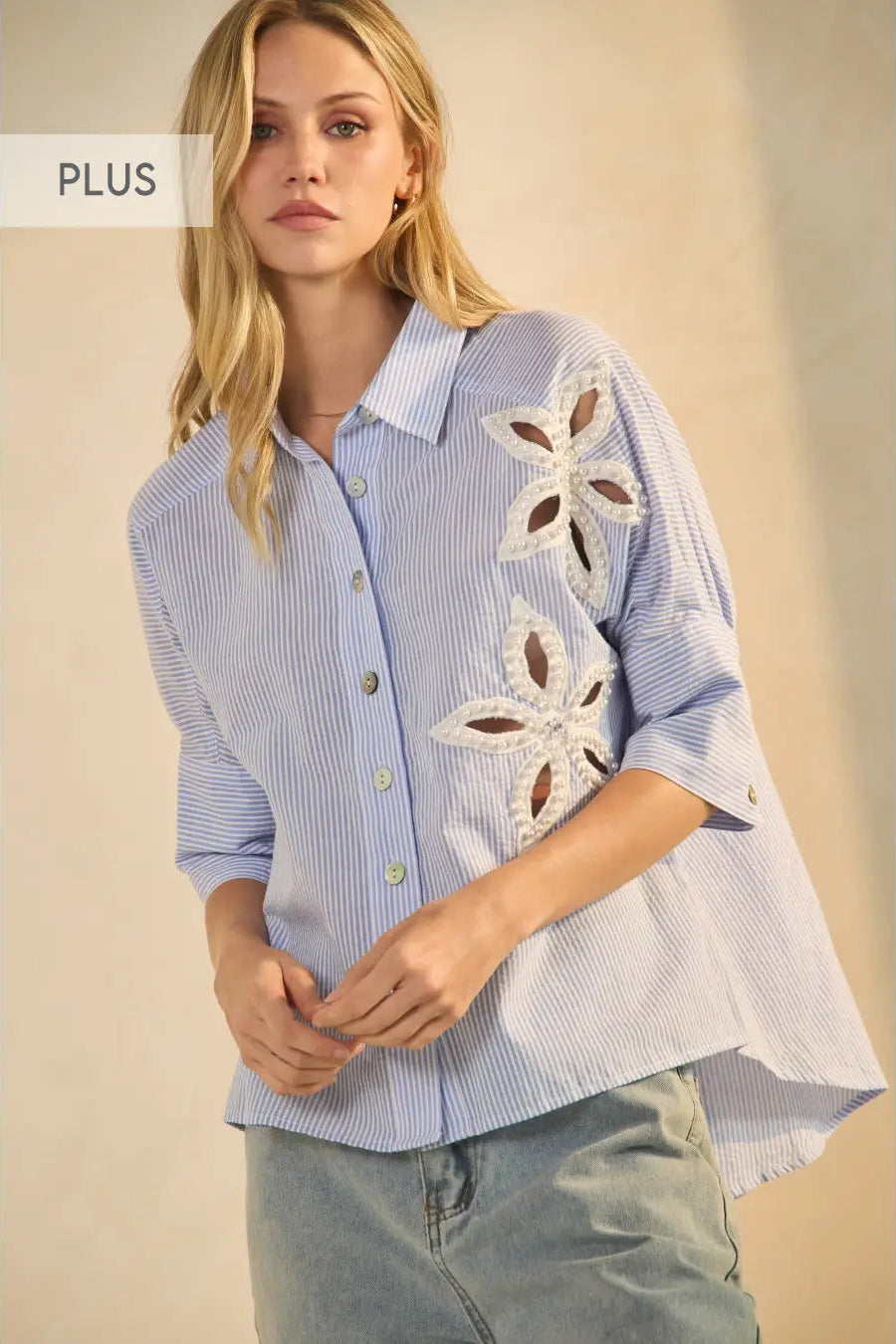 Stripes & Pearls Blue Button Up