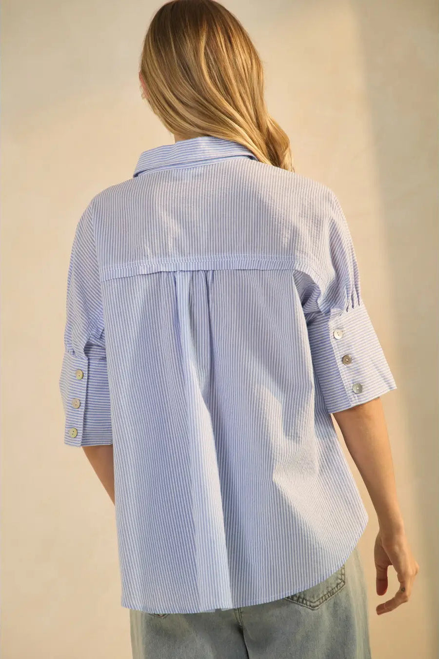 Stripes & Pearls Blue Button Up
